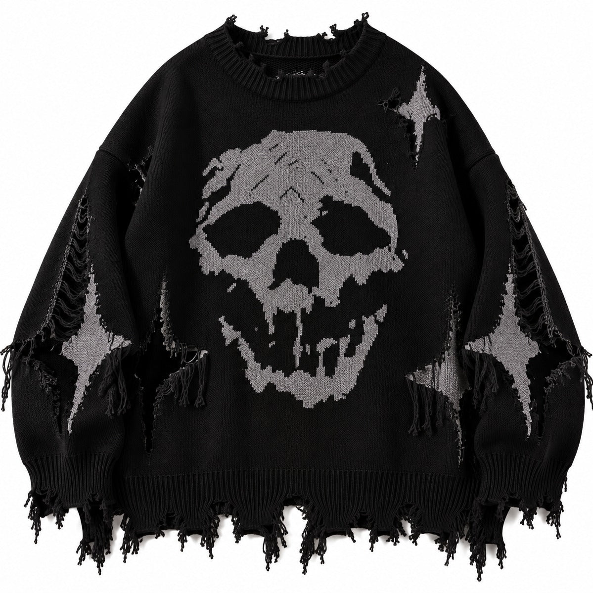 Oversized distressed trui met skullmotief in zwart, plat neergelegd