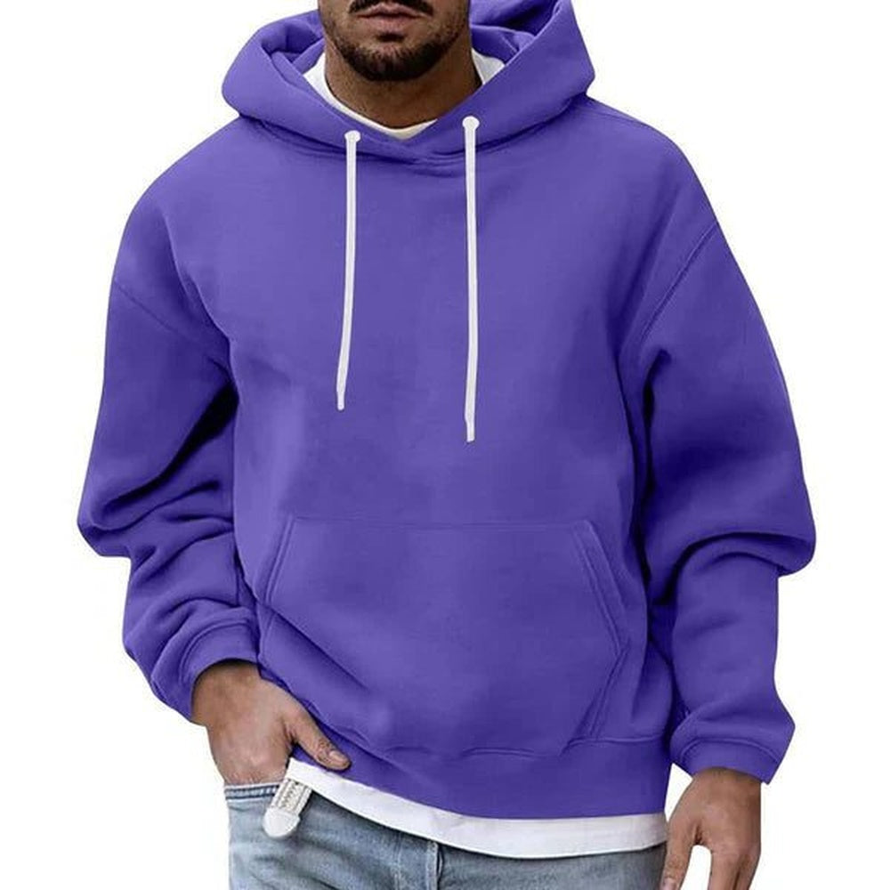 Oversized hoodie voor heren in paars, gedragen, voorkant