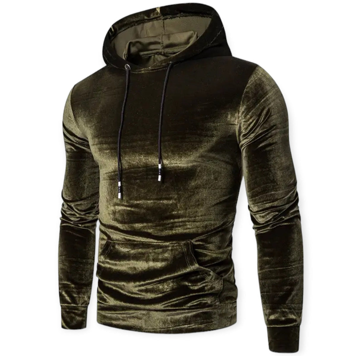 Fluwelen hoodie voor heren in olijfgroen, voorkant