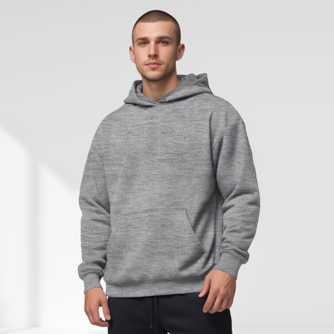 Oversized hoodie met verlaagde schouders voor heren in grijs, gedragen, voorkant