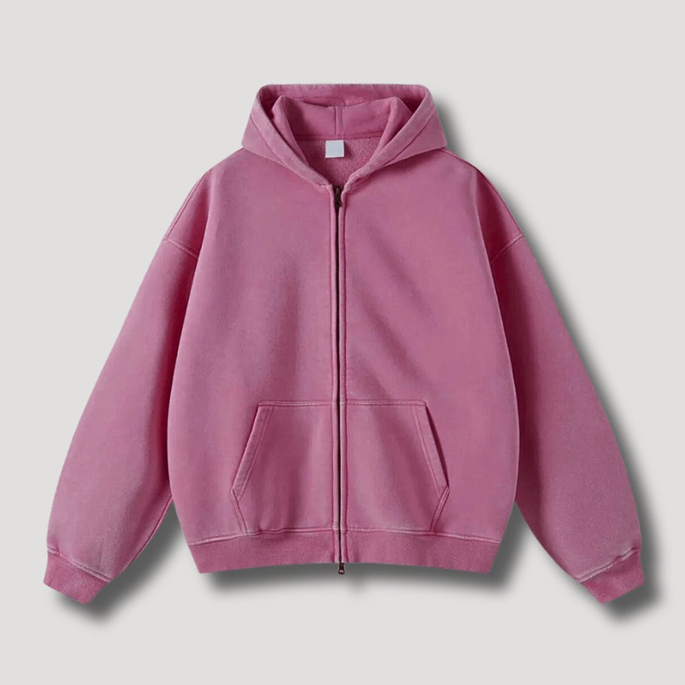 Washed hoodie met rits voor heren in roze, voorkant