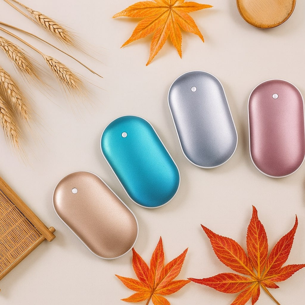 Handwarmers in vier kleuren tussen herfstbladeren