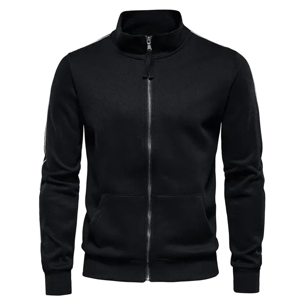 Zwart sweatvest met opstaande kraag en twee zakken op een witte achtergrond | Boutique Moda