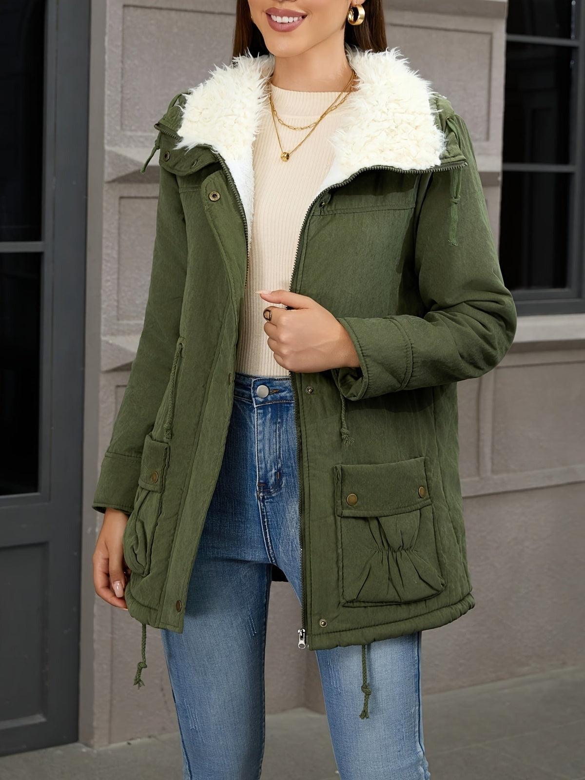 Vrouw in een olijfgroene parka met teddykraag