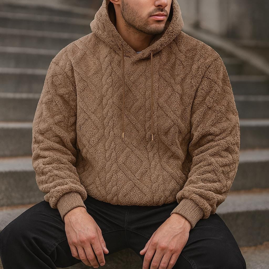 Teddyhoodie met ruitpatroon voor heren in bruin, gedragen, voorkant
