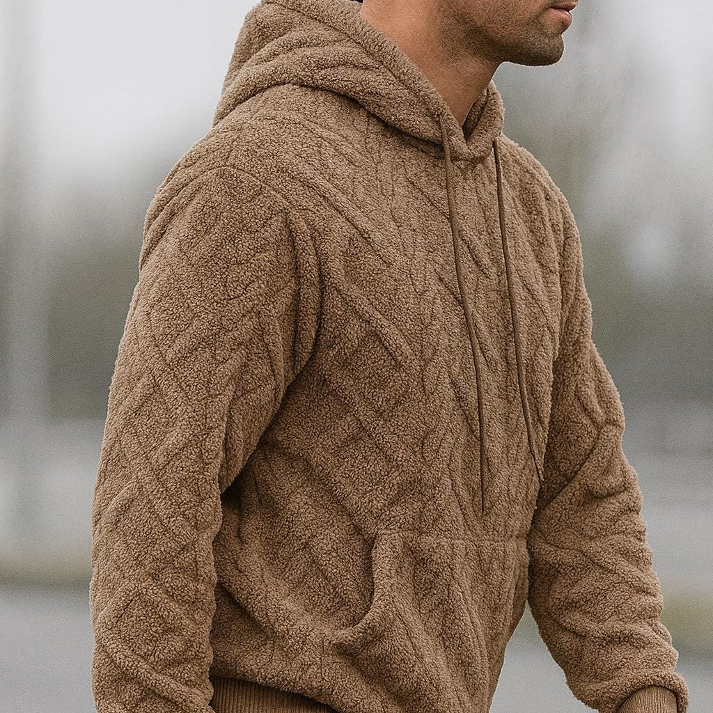 Teddyhoodie met ruitpatroon voor heren in bruin, gedragen, zijkant