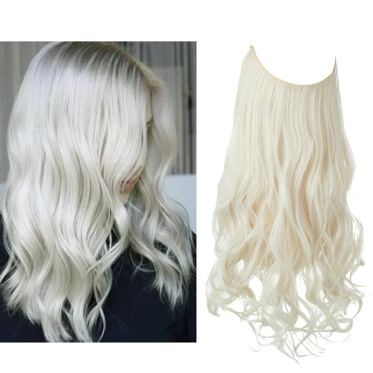 Golvende halo hair extensions in platinablond, los liggend, met vergelijking op model | Boutique Moda