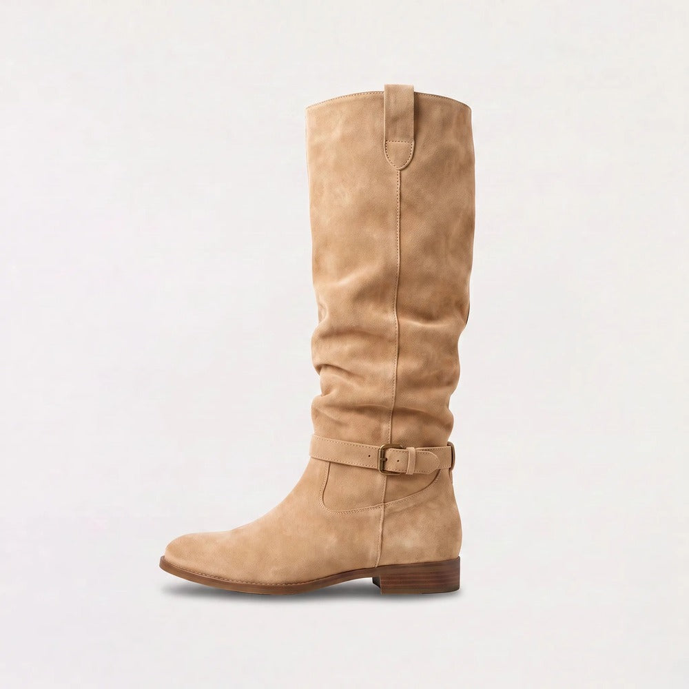 Beige kniehoge slouch laars met gesp