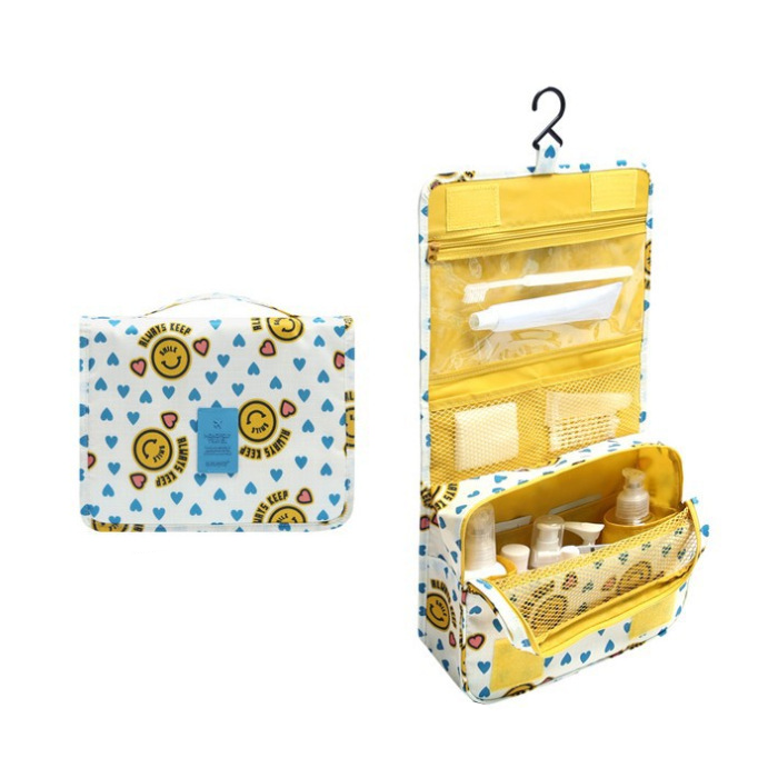 Opvouwbare toilettas met hartjes- en smiley-print, opengeklapt met haak getoond | Boutique Moda