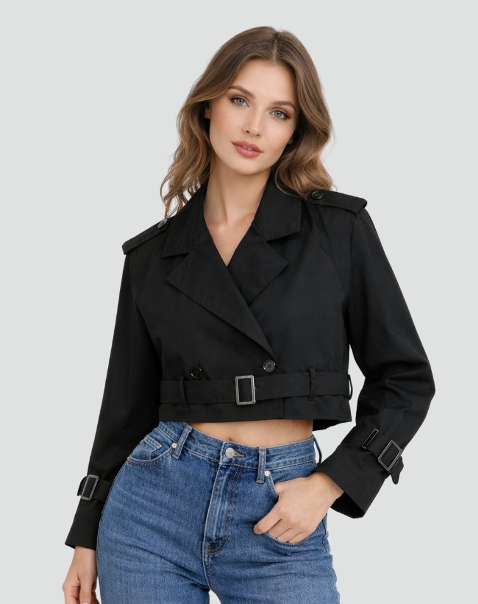 Trenchcoat Dames | Cropped | Dubbele Knoopsluiting | Ceintuur-Boutique Moda