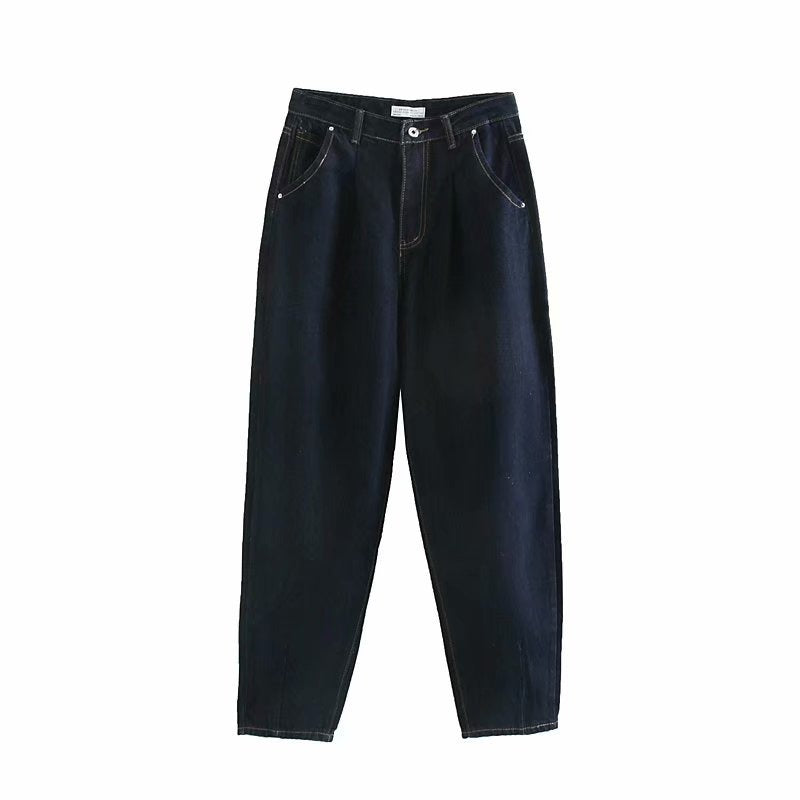 Donkerblauwe barrel jeans, voorkant