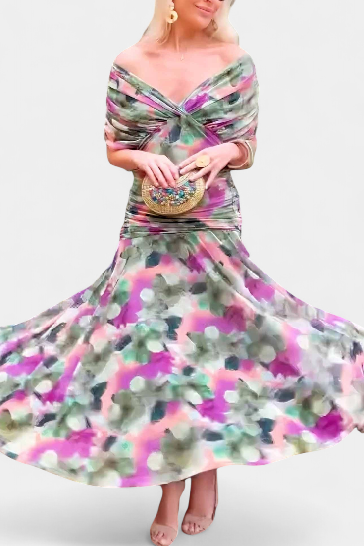 Maxi Jurk Dames | Bloemenprint | Off Shoulder | Gedrapeerde Taille-Boutique Moda
