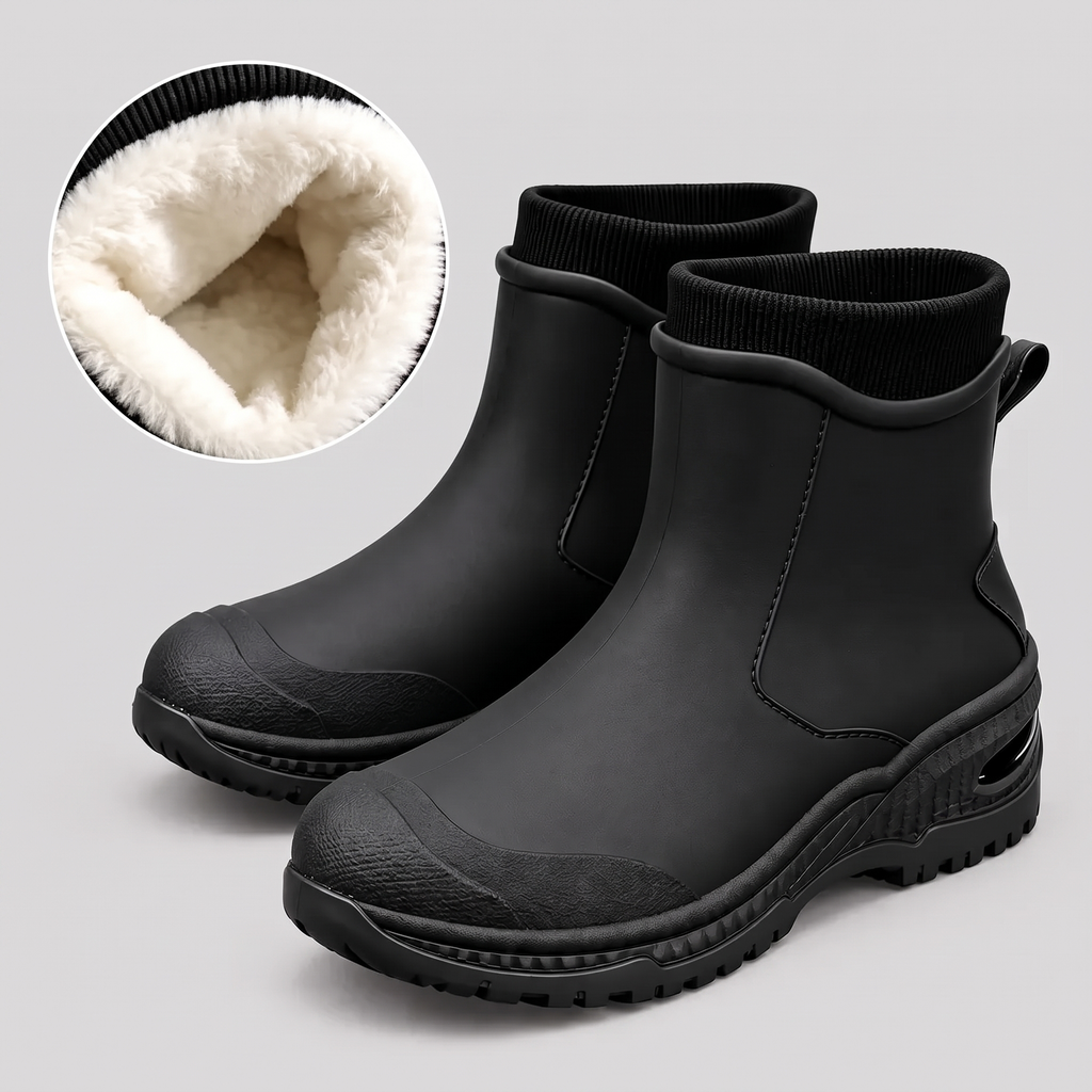 Zwarte enkelhoge regenlaarzen met fleecevoering, los op grijze achtergrond | Boutique Moda