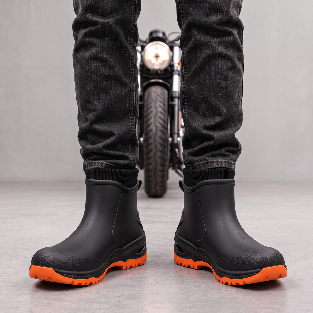 Zwarte enkelhoge regenlaarzen met oranje profielzool, gedragen door persoon | Boutique Moda