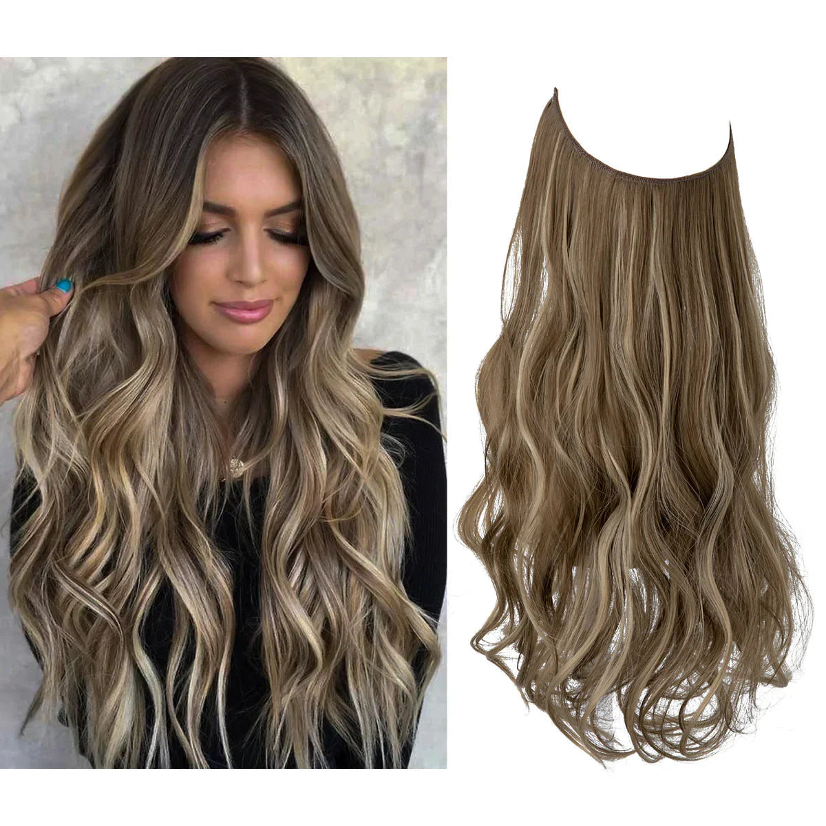 Golvende bruin-blonde halo hair extension naast vrouw met lang golvend haar | Boutique Moda