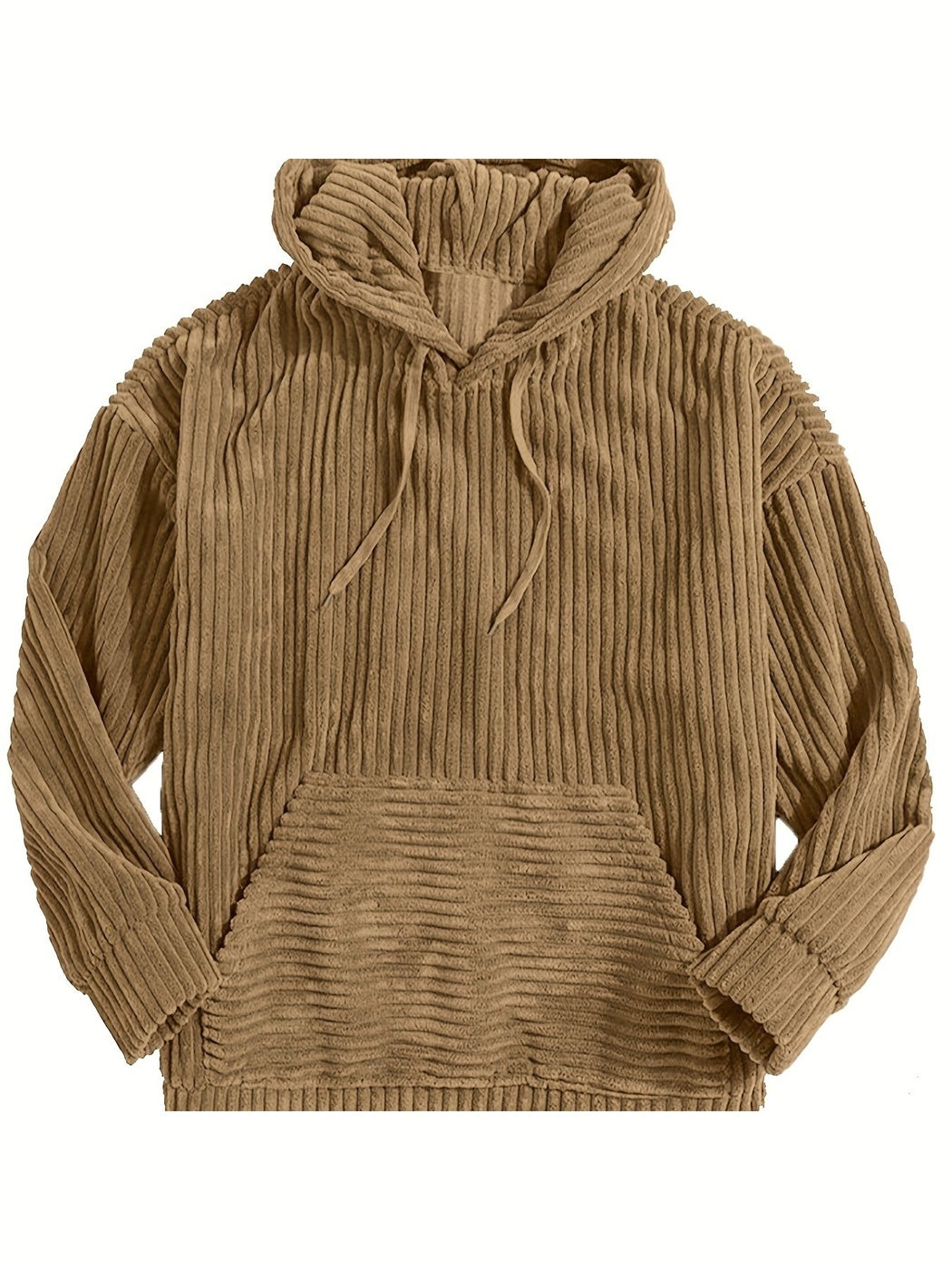 Ribcord hoodie voor heren in camel, voorkant met het koord en de geribde kangoeroezak
