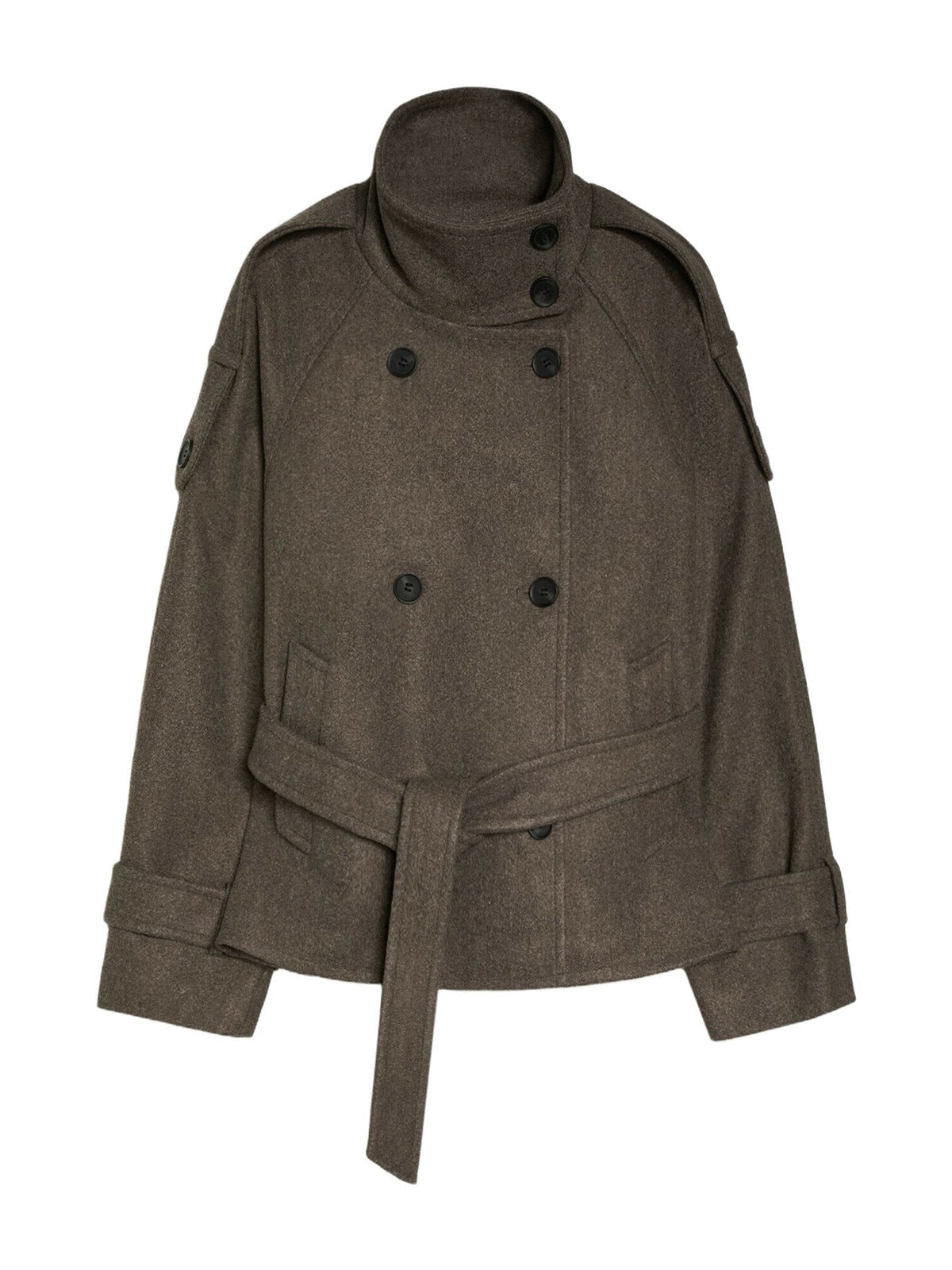 Korte trenchcoat met opstaande kraag in bruin, productfoto, voorkant