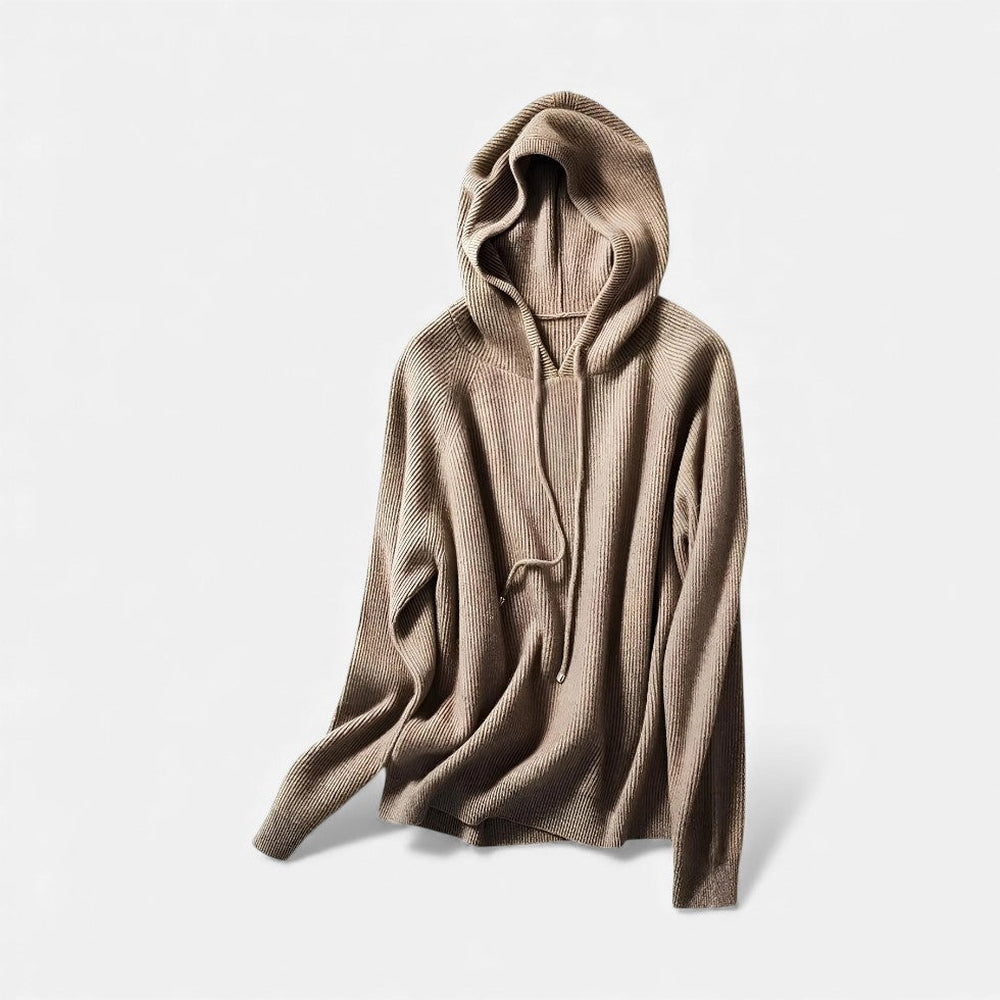 Bruine hoodie plat neergelegd, met capuchon en fijne ribstructuur | Boutique Moda