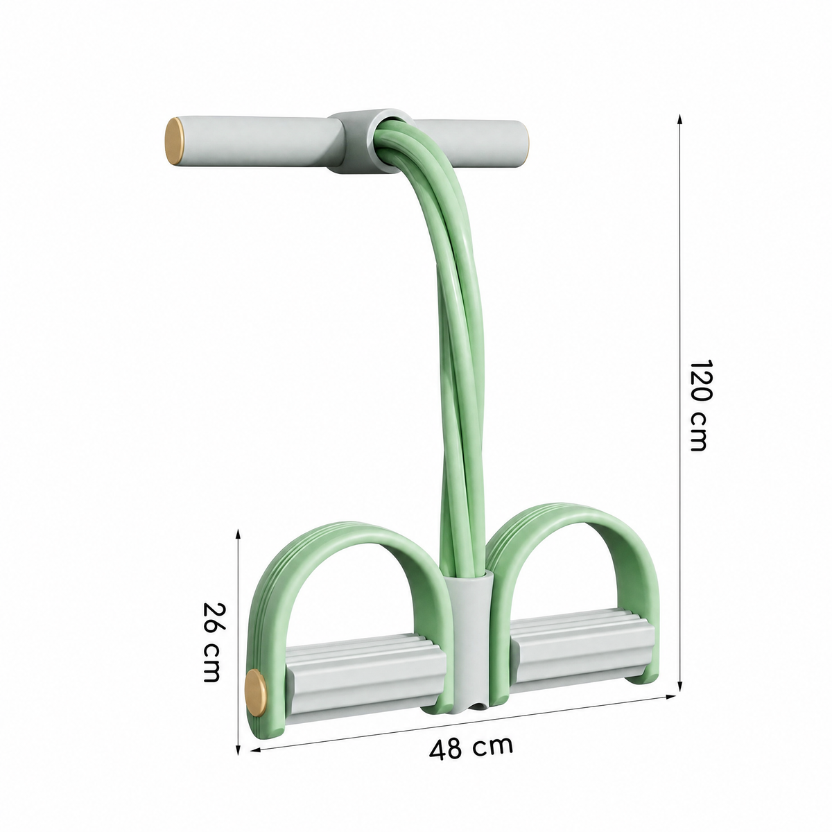 Groene weerstandsband met schuimen handgreep en twee voetpedalen, platliggend getoond | Boutique Moda