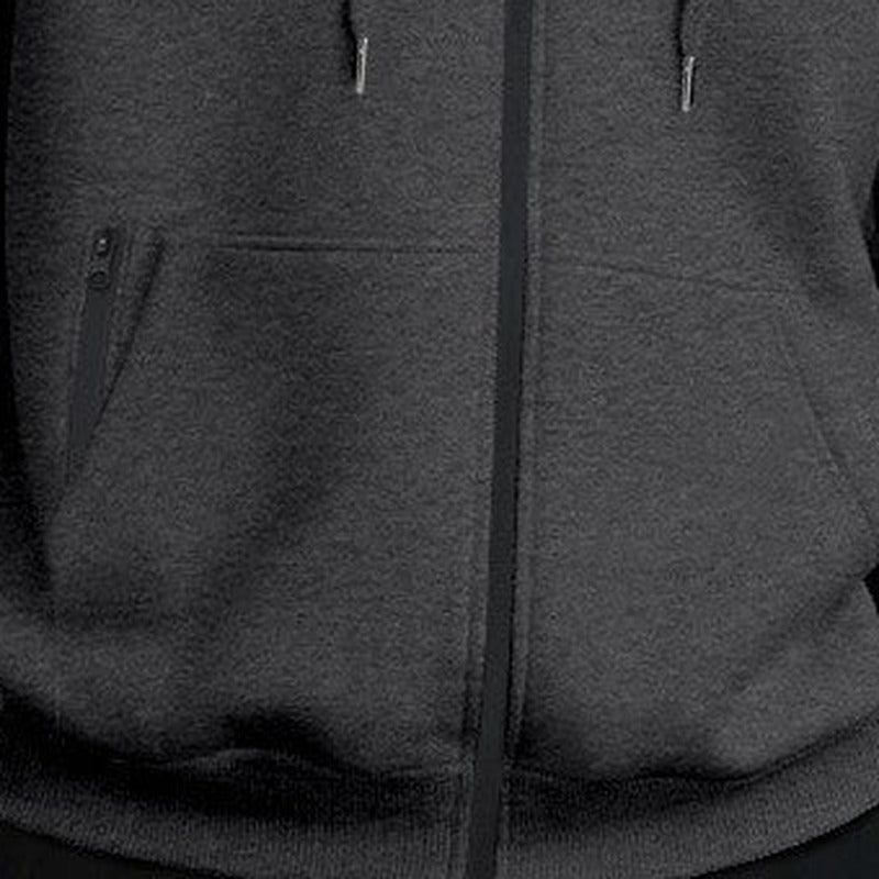 Oversized vest met capuchon voor heren in donkergrijs, close-up van de buidelzak en de rits