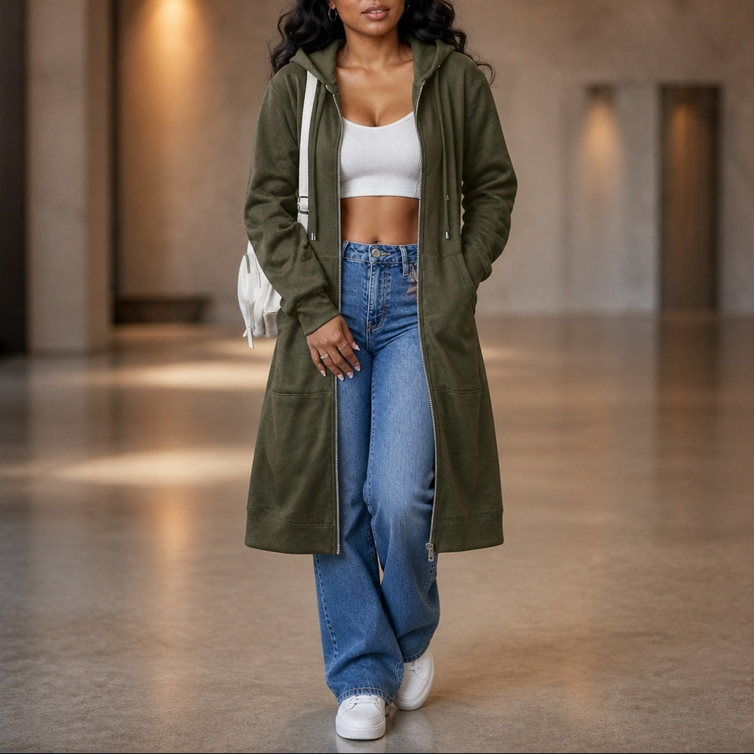 Vrouw in een lang olijfgroen vest met een wijde jeans en een witte tas over de schouder | Boutique Moda