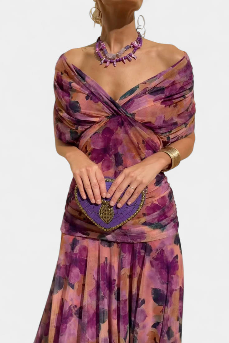 Maxi Jurk Dames | Bloemenprint | Off Shoulder | Gedrapeerde Taille-Boutique Moda
