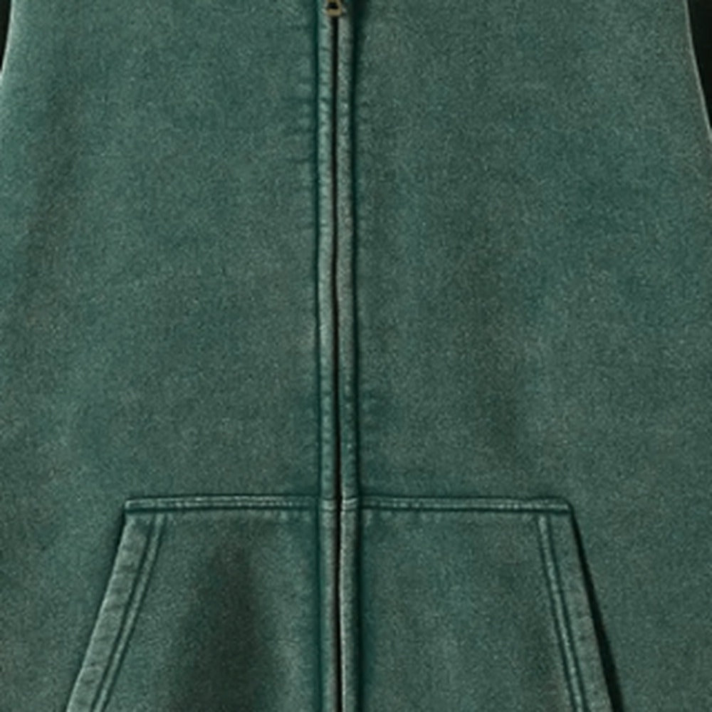 Washed hoodie met rits voor heren in groen, close-up van de stofstructuur