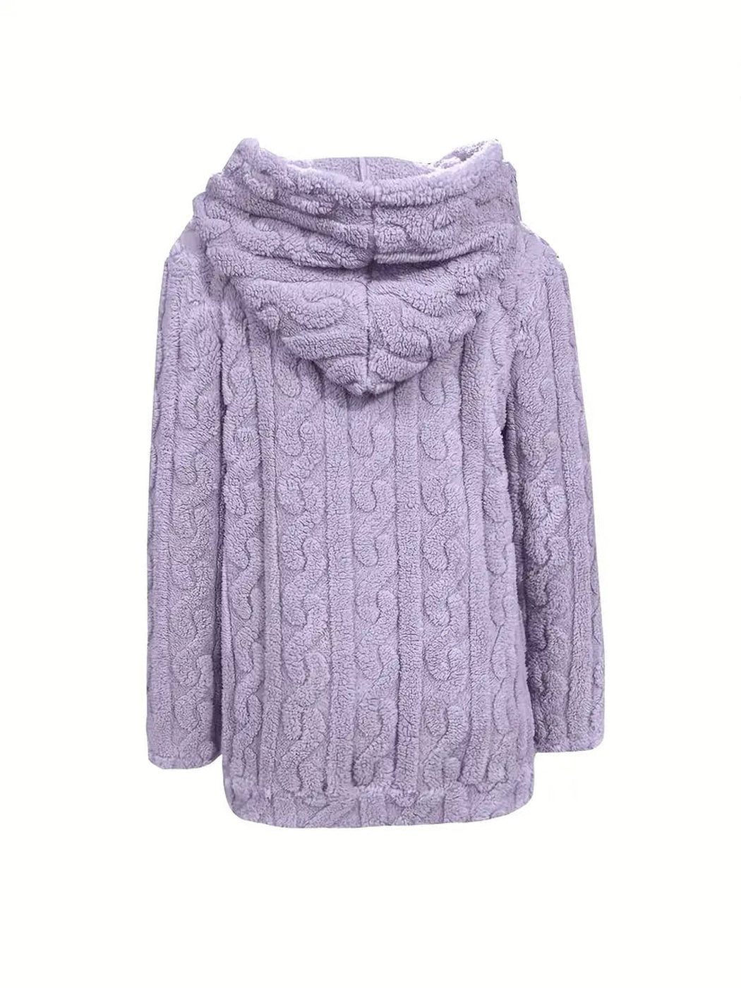 Lila teddyvest van achteren, met capuchon en kabelpatroon in reliëf | Boutique Moda