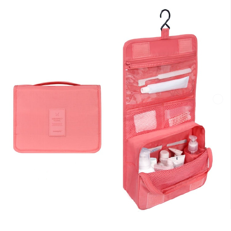 Roze opvouwbare toilettas met haak, gesloten en open met vakken getoond | Boutique Moda