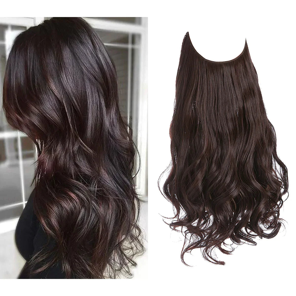 Donkerbruine golvende halo hairextensions, model gedragen en los productbeeld naast elkaar | Boutique Moda