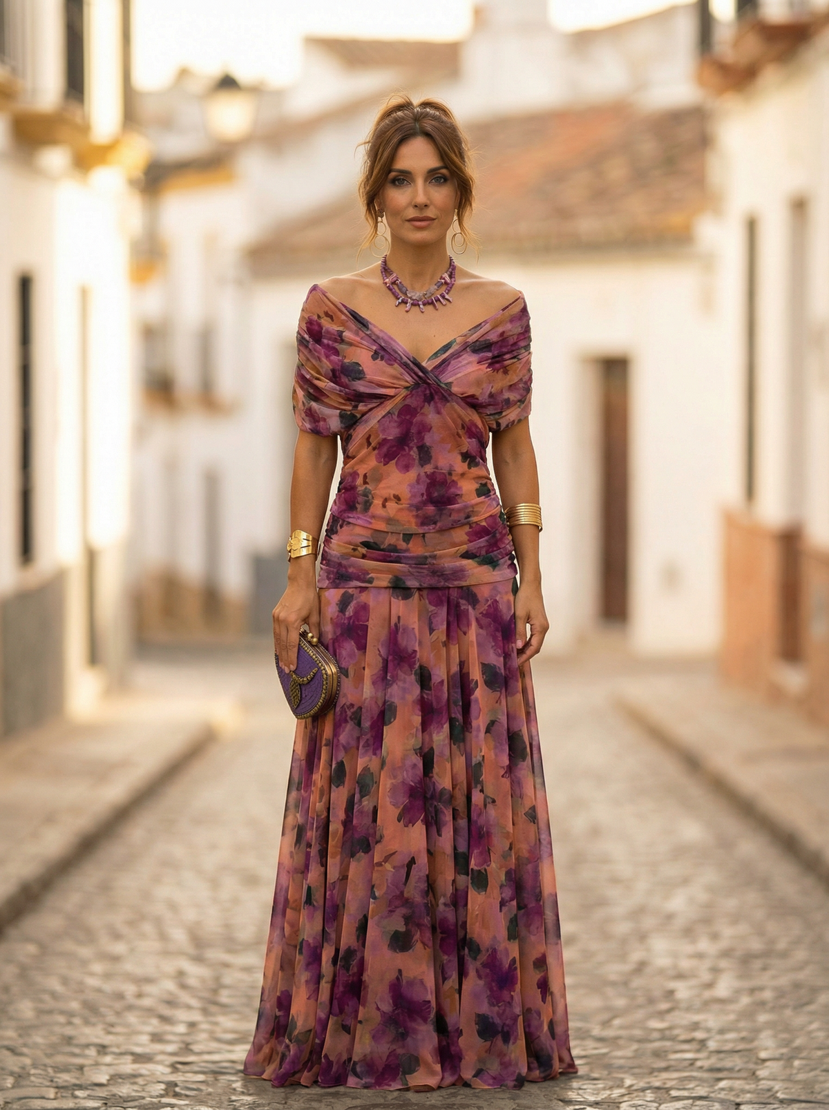Maxi Jurk Dames | Bloemenprint | Off Shoulder | Gedrapeerde Taille-Boutique Moda