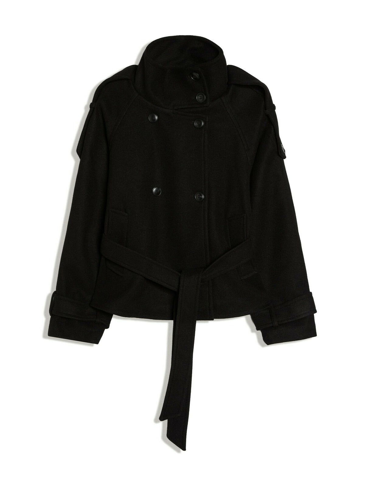 Korte trenchcoat met opstaande kraag in zwart, productfoto, voorkant