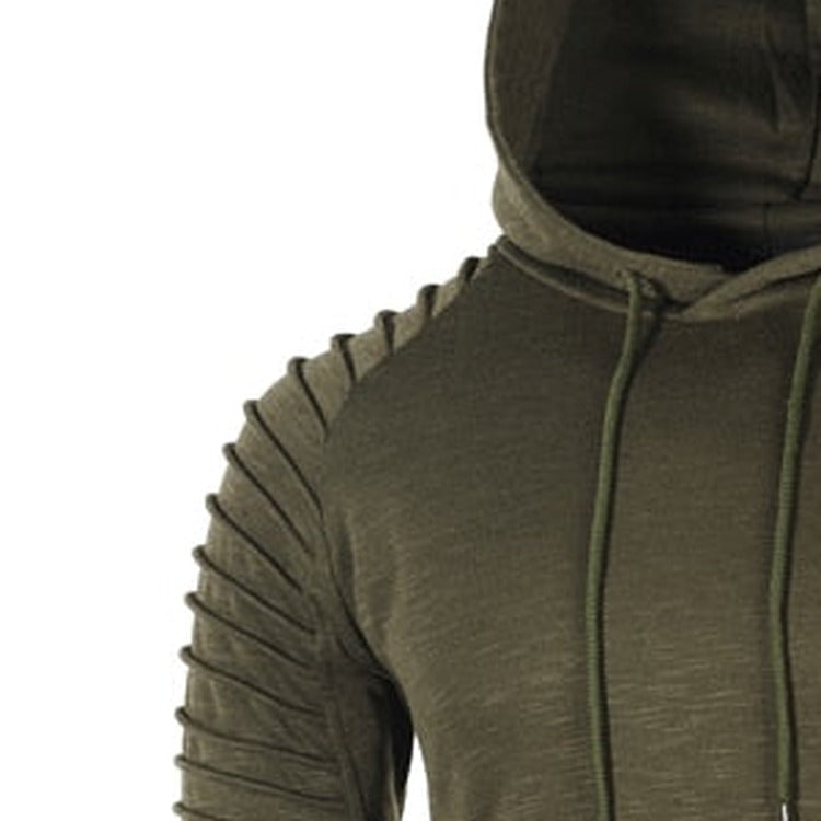 Slim fit hoodie met geribde mouwen voor heren in olijfgroen, close-up van de geribde mouw en de capuchon
