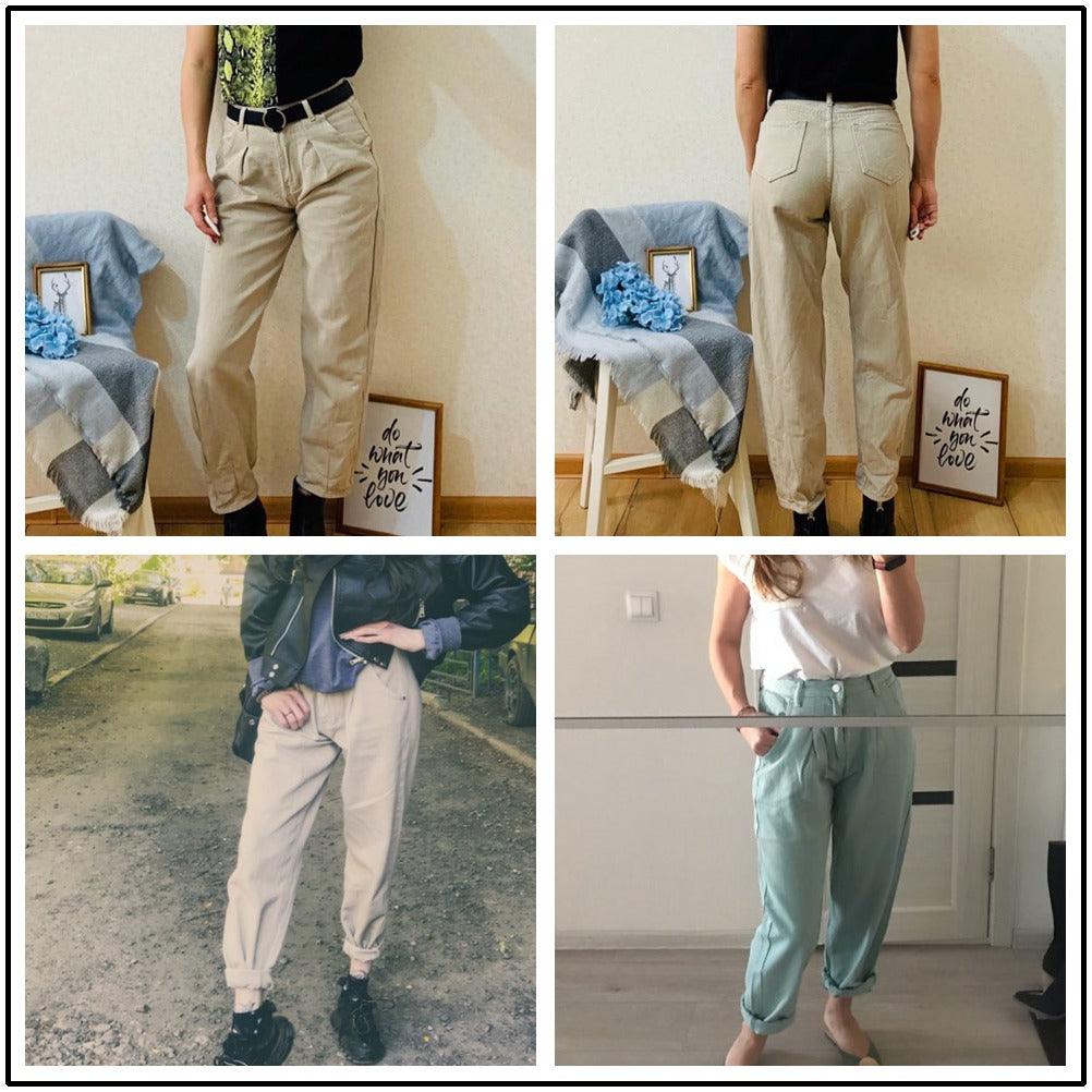 Beige en saliegroene barrel jeans gedragen, vier beelden