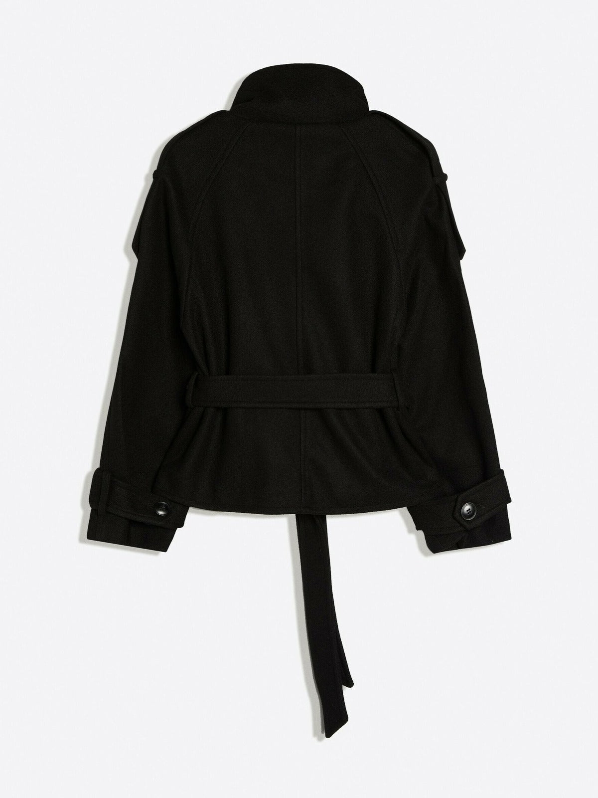 Korte trenchcoat met opstaande kraag in zwart, productfoto, achterkant