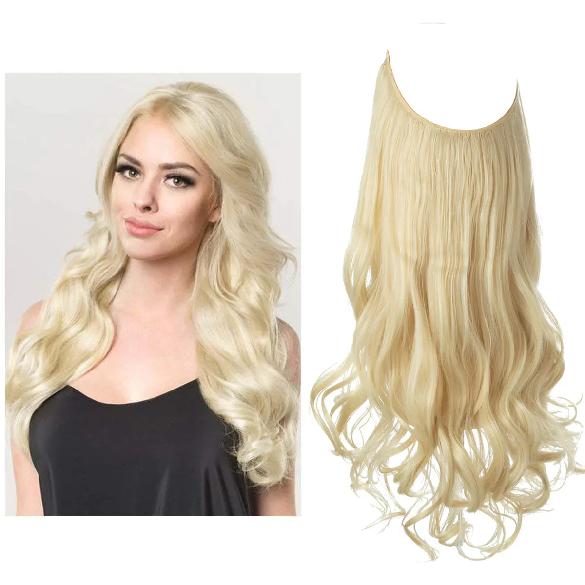 Blonde golvende halo haarextensie naast vrouw met lang blond golvend haar | Boutique Moda
