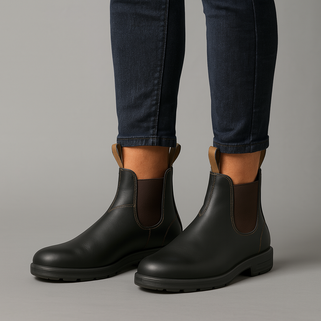A person's lower legs in dark jeans wearing dark olive green Chelsea boots with brown elastic side panels and tan pull tabs, standing on a plain grey background.