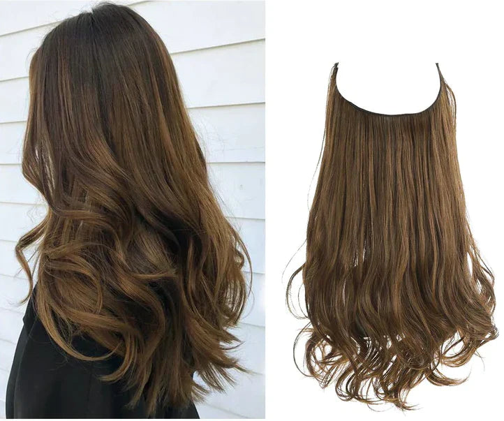 Golvende bruine halo hair extensions naast lang golvend haar op model | Boutique Moda