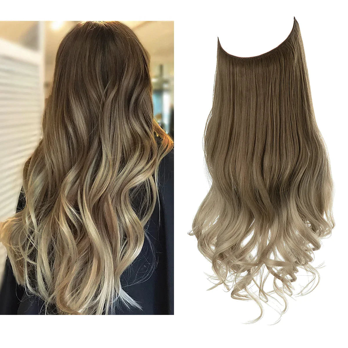 Golvende halo hairextensions in bruin-blond ombré, model draagt lang haar, close-up losse extensie | Boutique Moda