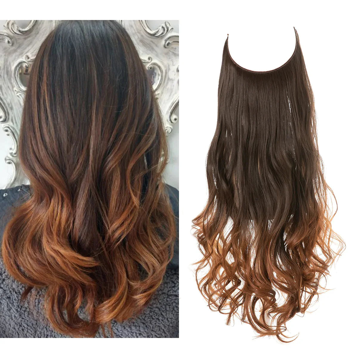 Golvende halo hairextensions in bruin naar koperkleurige ombre, links gedragen op model | Boutique Moda