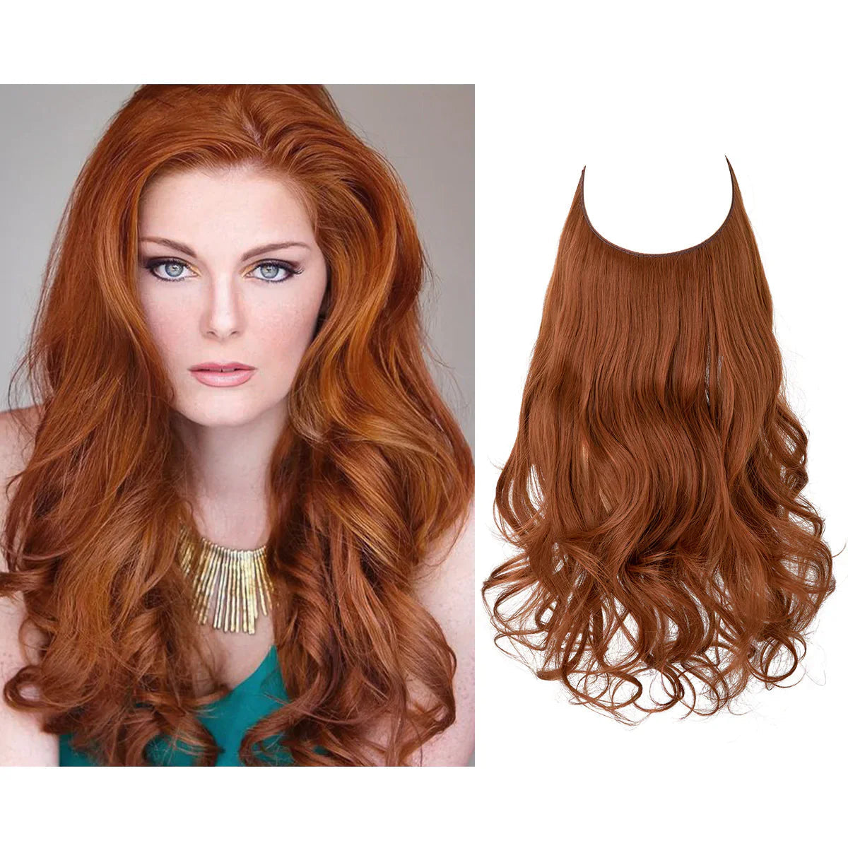 Golvende halo hair extensions in koperrood, model draagt lange volle krullen, close-up losse extensie | Boutique Moda