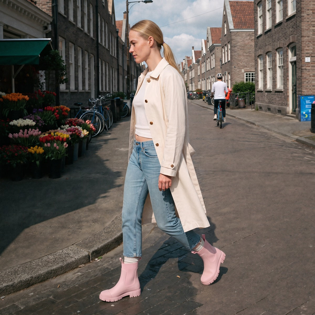 Halfhoge regenlaarzen met gebreide sokschacht in roze, gedragen in een Amsterdamse straat
