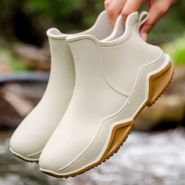 A hand holds a pair of cream ankle rain boots with tan soles above a rocky stream outdoors.