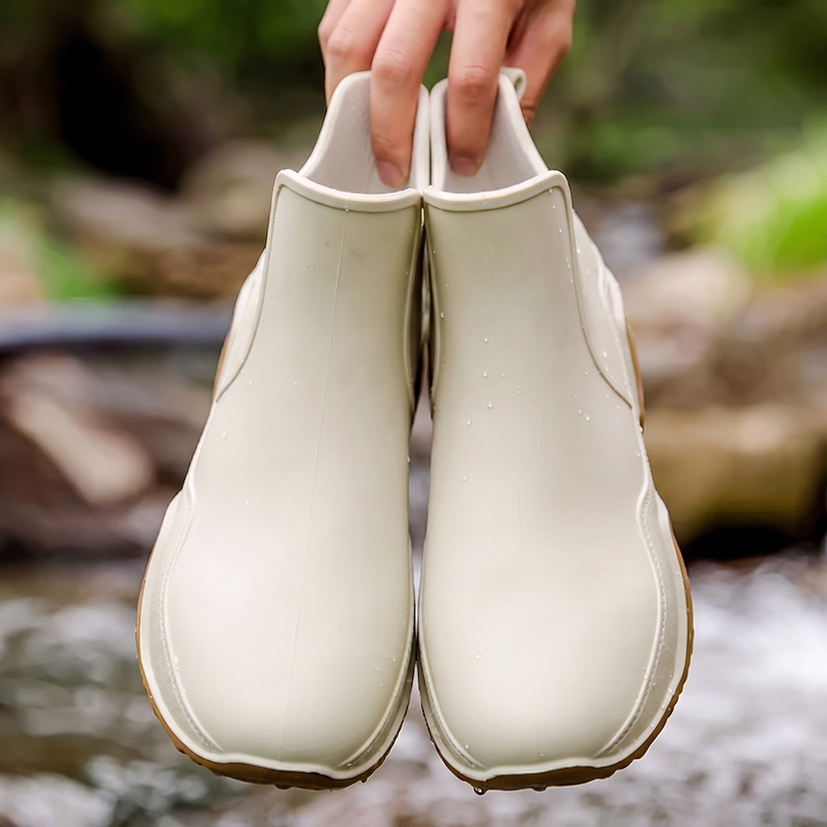 A hand holds a pair of cream ankle rain boots with tan soles above a rocky stream outdoors, front view