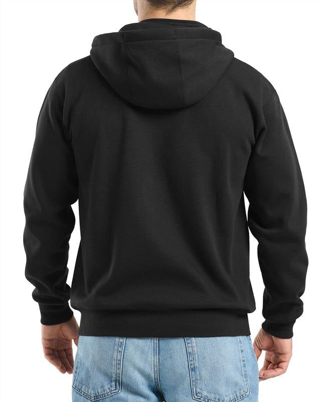 A man seen from behind wearing a black zip-up hoodie with the hood up, paired with blue jeans.