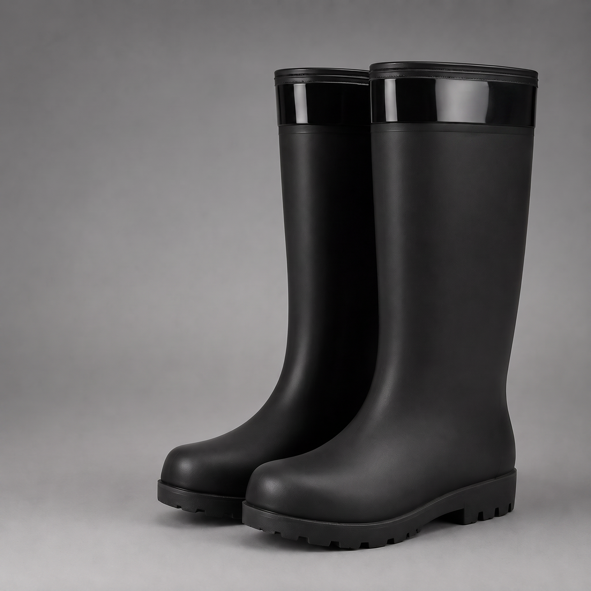 Zwarte hoge regenlaarzen met glanzende bies, paar vrijstaand getoond | Boutique Moda