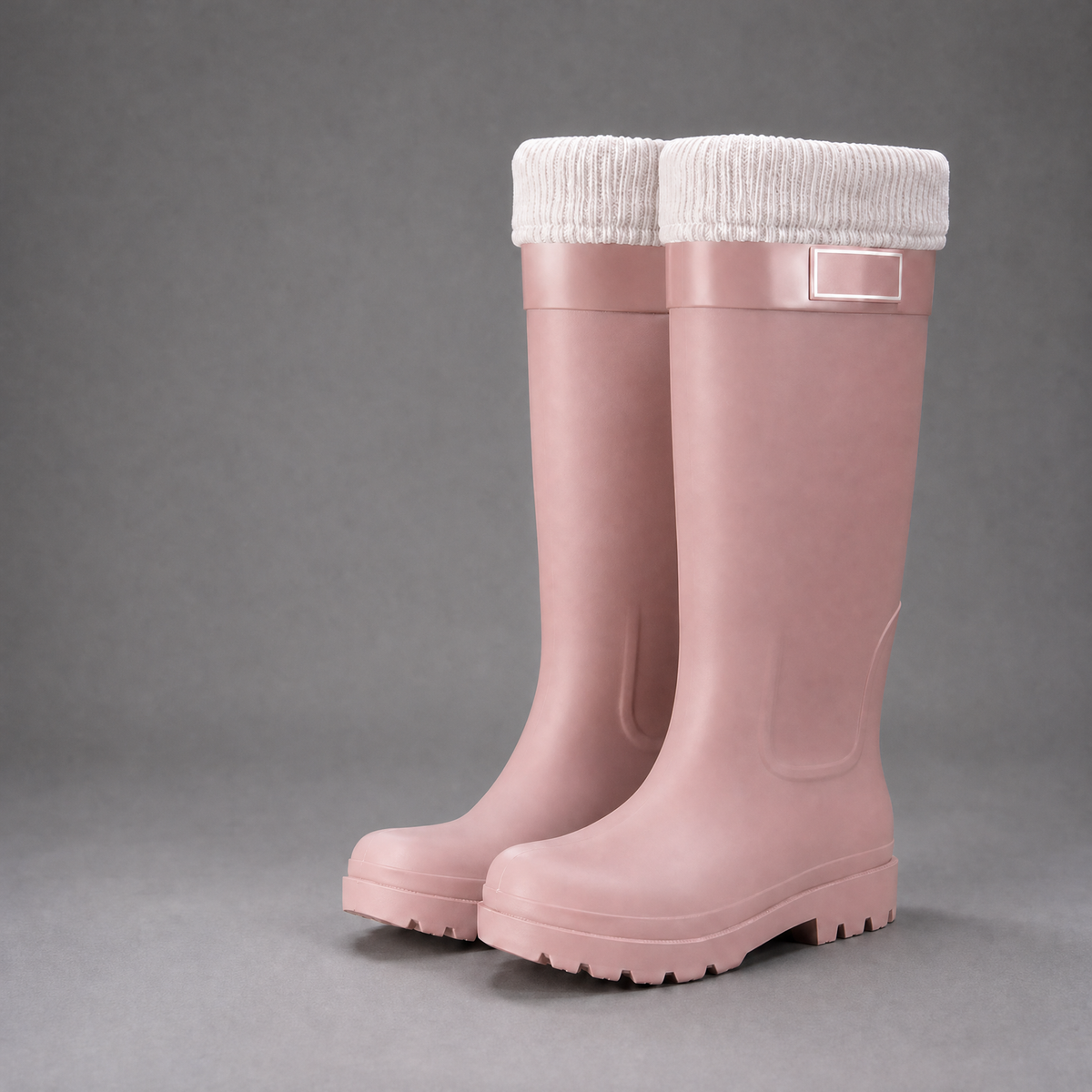 Roze PVC regenlaarzen met fleecevoering, hoge schacht, los op grijze achtergrond | Boutique Moda