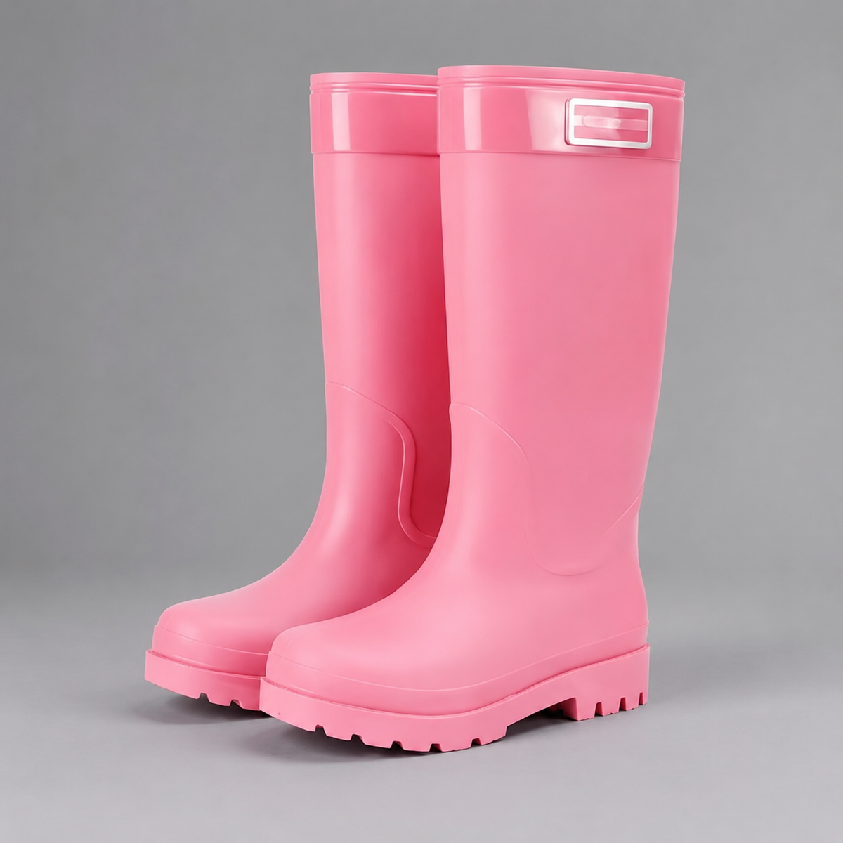 Roze pvc regenlaarzen met hoge schacht, los staand getoond | Boutique Moda