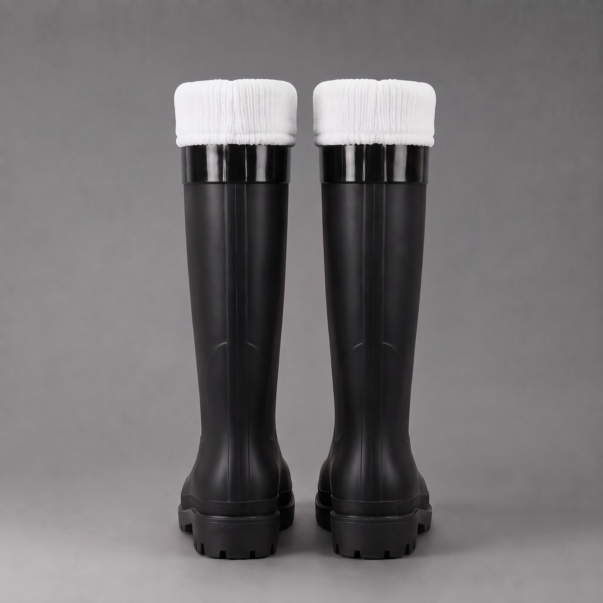 Zwarte hoge regenlaarzen met witte fleecevoering, achteraanzicht, vrijstaand | Boutique Moda