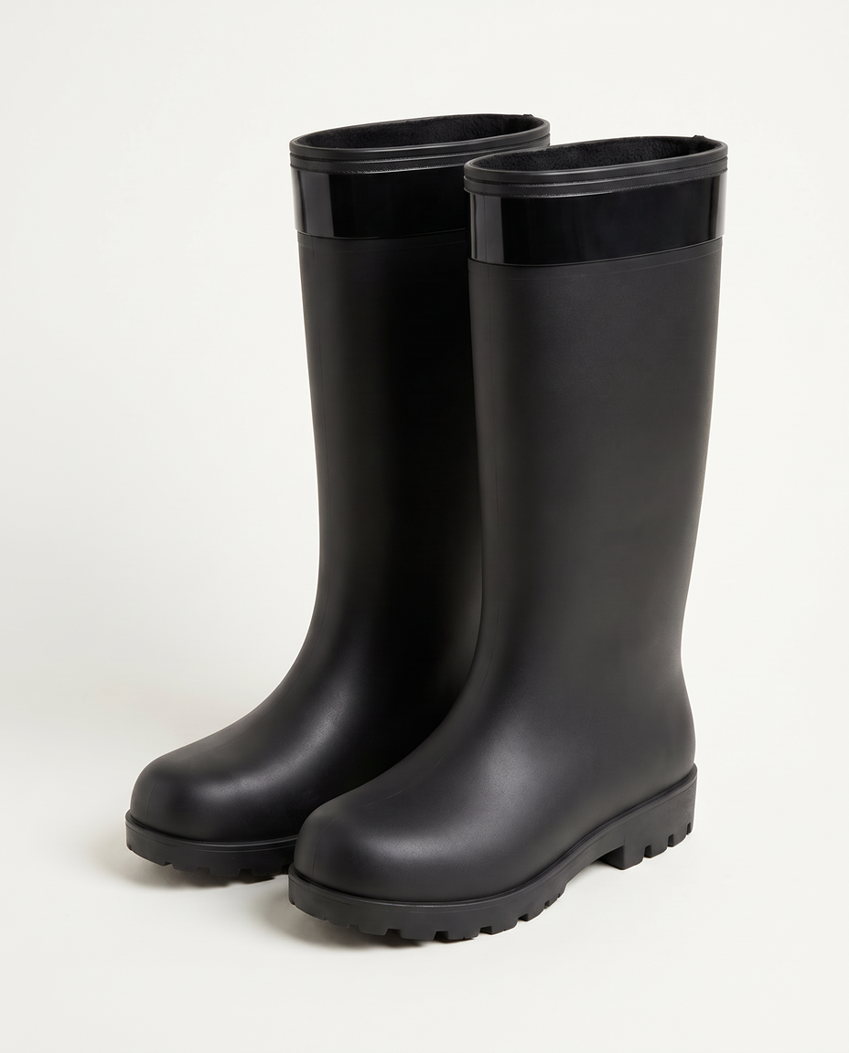 Zwarte hoge regenlaarzen met glanzende bovenrand, vrijstaand getoond | Boutique Moda